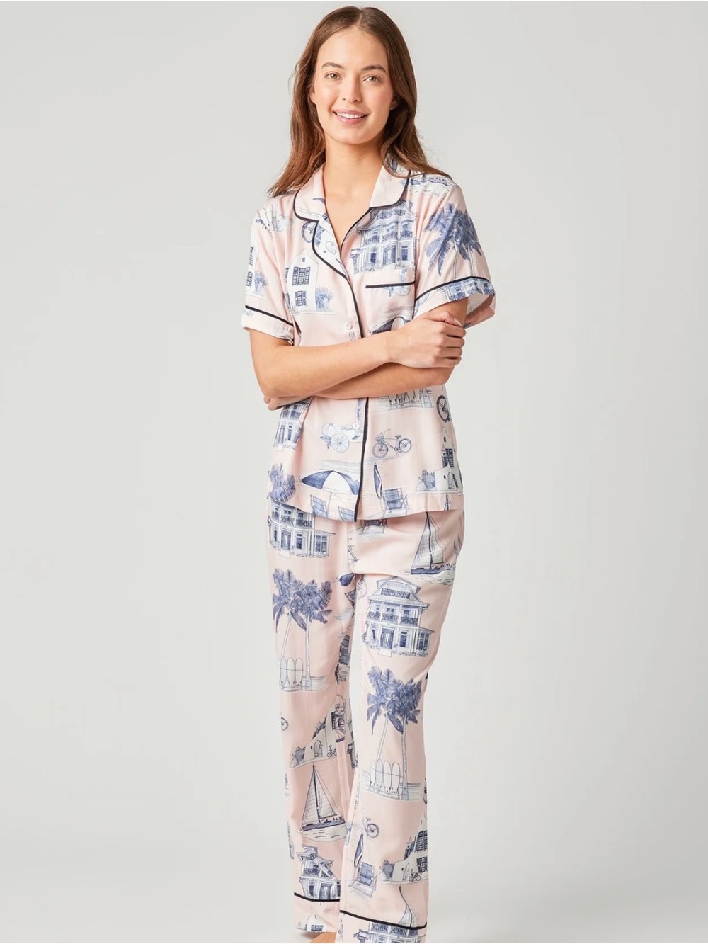 Women's Pink Florida Toile Print Short-Sleeve Pajama Pants Set